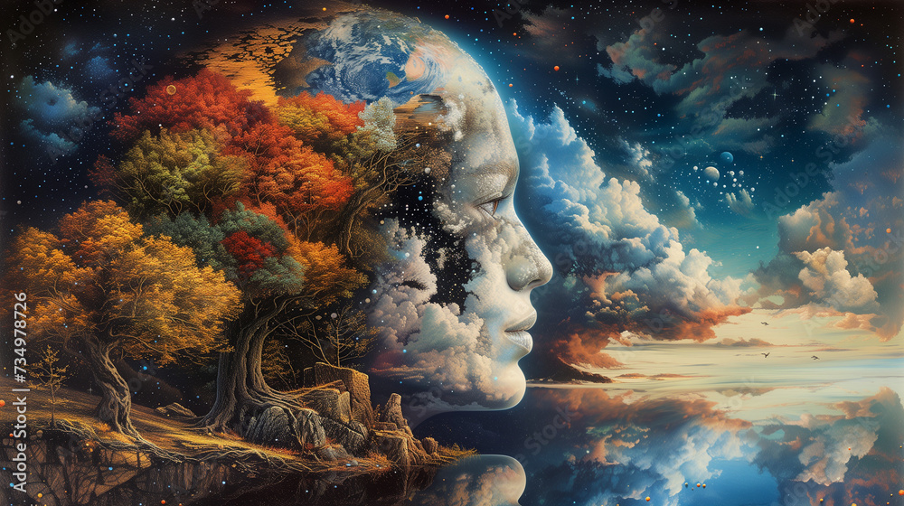 a painting of a woman s face surrounded by trees and clouds , generated by AI