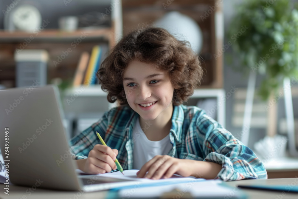 Smiling Boy studying with laptop computer. Teenage boy sitting at his desk and writing in notebook. Student doing his homework or learning online.
