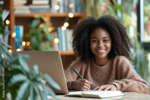 Smiling African American Girl studying with laptop computer. Teenage girl sitting at her desk and writing in notebook. Student doing her homework or learning online.