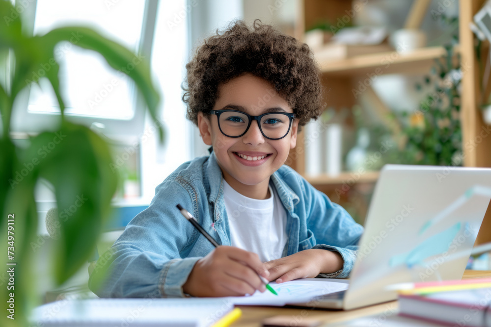 Smiling Latin Boy studying with laptop computer. Teenage boy sitting at his desk and writing in notebook. Student doing her homework or learning online. Smiling Latin Boy studying with laptop computer. Teenage boy sitting at his desk and writing in notebook. Student doing her homework or learning online.