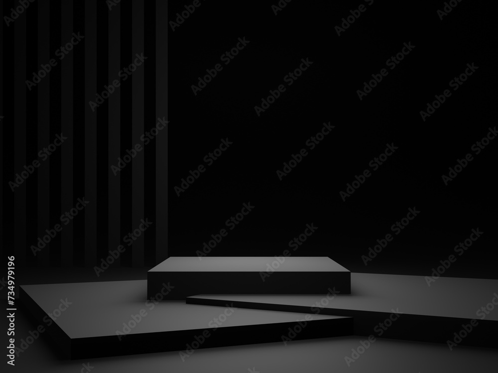 3D black background. Dark room geometric podium. 3D black background. Dark room geometric podium.