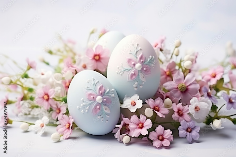 Decorated Easter eggs with spring flowers. Easter holiday card. Delicate pastel colors, happy easter background