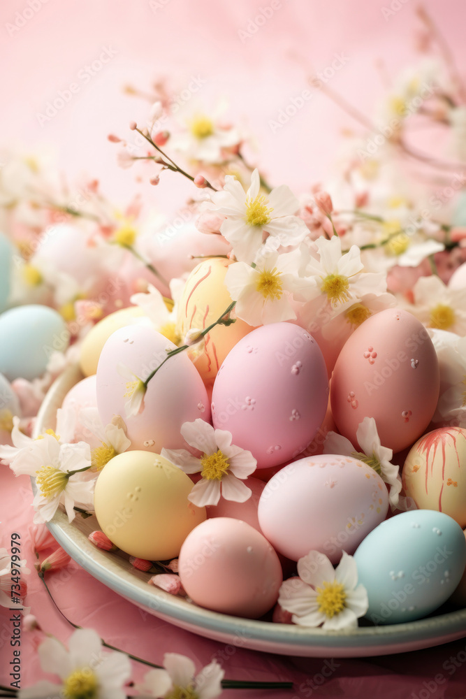 Beautiful Easter composition. Painted decorative Easter eggs and spring flowers. Holiday card, Easter background. Delicate pink pastel colors Beautiful Easter composition. Painted decorative Easter eggs and spring flowers. Holiday card, Easter background. Delicate pink pastel colors