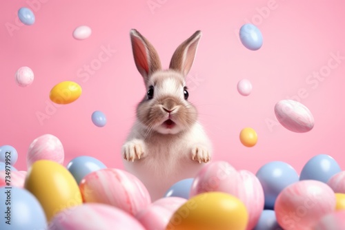 Funny Easter card. Cute fluffy bunny and flying colorful Easter eggs on plain pink background. Creative festive Easter background. Happy spring holiday