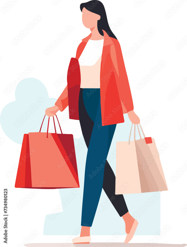 2 Young attractive fashionable womans holding packages with clothes after shopping. Isolated concept girl character with perfect style. Vector illustration.