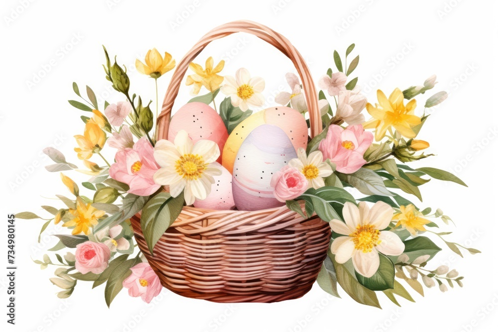 Holiday Easter card. Multi-colored Easter eggs in a wicker basket, spring flowers on a white background. Watercolor illustration