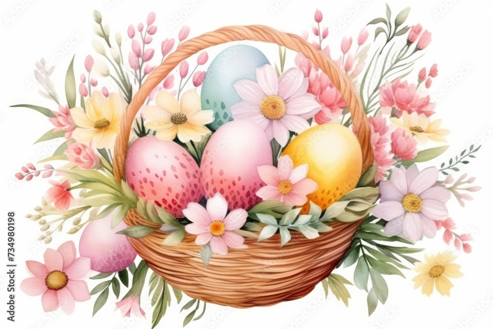 Holiday Easter card. Multi-colored Easter eggs in a wicker basket, spring flowers on a white background. Watercolor illustration Holiday Easter card. Multi-colored Easter eggs in a wicker basket, spring flowers on a white background. Watercolor illustration