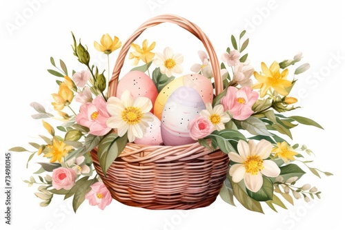 Holiday Easter card. Multi-colored Easter eggs in a wicker basket, spring flowers on a white background. Watercolor illustration photo