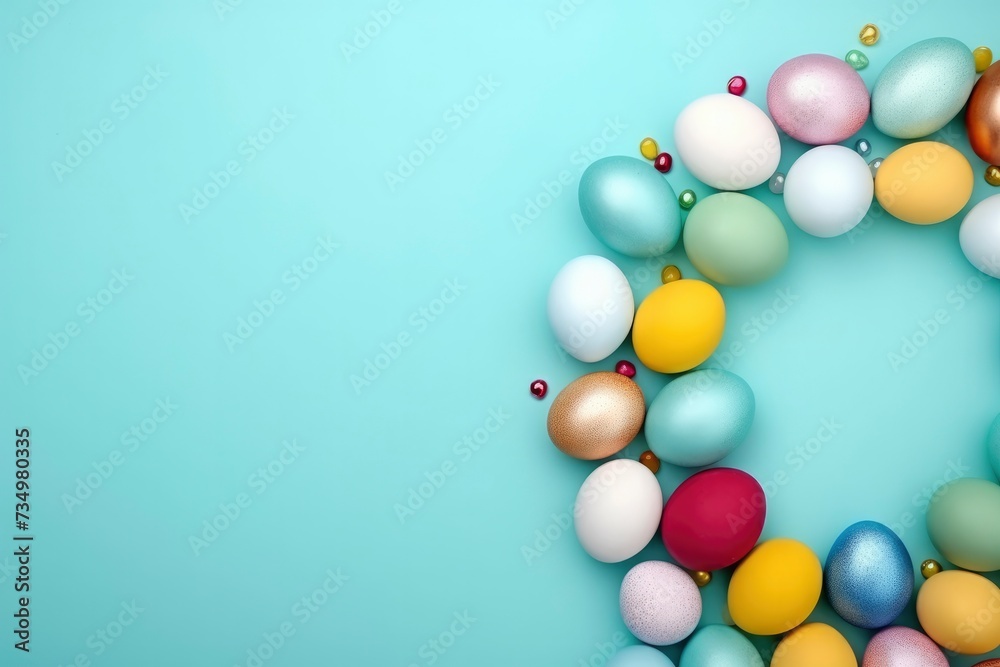 Multi-colored Easter eggs on a blue background, top view flat lay. Frame of decorative holiday eggs, space for text. Easter background, spring, layout for design