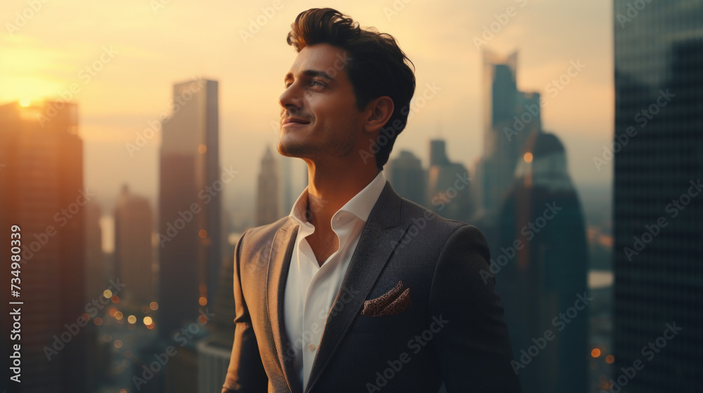 Business man standing at street city abstract background. Generative ai.