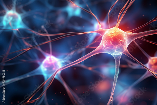 Neuron brain cells illustration. Complex neuronal network neurons synapses in human brain. Human nervous system concept. Generative ai.