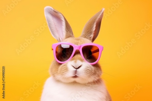 Cheerful fluffy bunny in funny sunglasses on yellow background. Creative layout with rabbit, spring, easter holiday, funny minimalistic card with animal