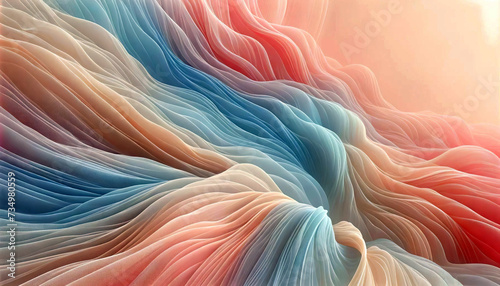 This digital artwork features a fluid, wavelike texture that gradates from cool to warm tones, reminiscent of a soft, undulating textile or landscape.Background concept. AI generated. photo