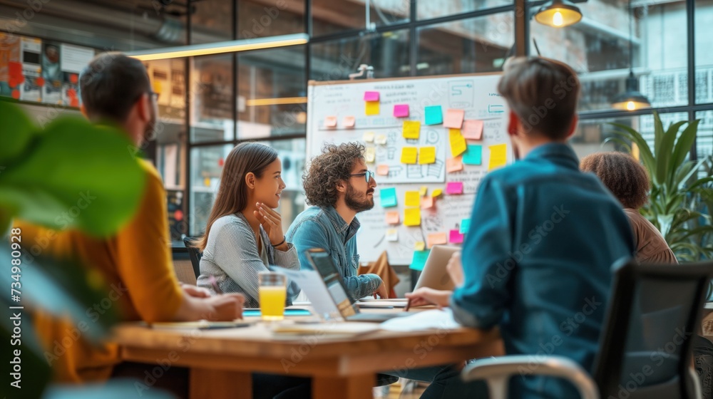 group of people are holding a joint meeting at a table with sticky notes and a whiteboard.