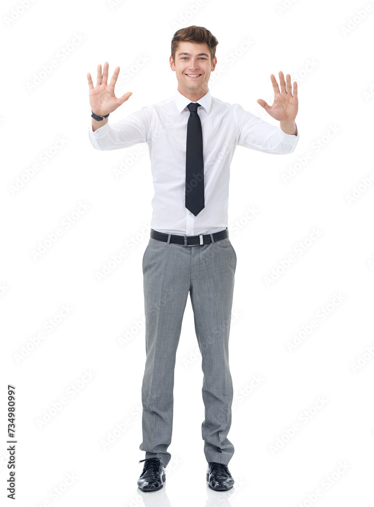 Portrait, business and man with opportunity, hands up and consultant isolated on a white studio background. Face, person and employee with hand gesture and smile with professional, review and welcome Portrait, business and man with opportunity, hands up and consultant isolated on a white studio background. Face, person and employee with hand gesture and smile with professional, review and welcome