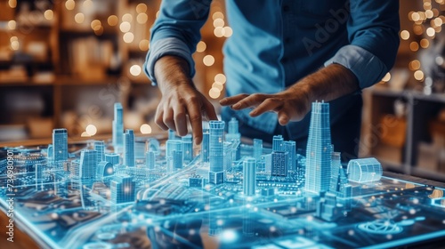 Wallpaper Mural man interacts with a futuristic holographic display of a cityscape, touching buildings. Torontodigital.ca