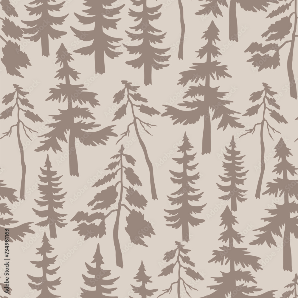 Retro earthy colours pine trees silhouette vector seamless pattern. Wild nature evergreen forest background. Happy camper summer vacation outdoor recreation background.