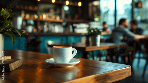 Cup of coffee on table in a cafe representing relaxation, socializing, beverage and urban lifestyle.