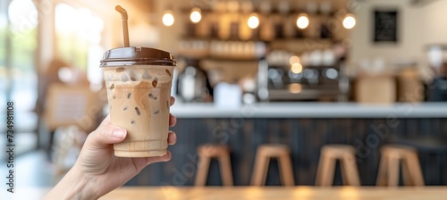 Cafe customer holding iced coffee with a straw on blurred background, perfect for text placement.