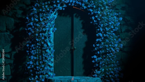 Magical door opens slowly in the darkness and shows enchanted light from another world 3D 4K animation. Opening of a secret gate to imagination or any kind of adventure. photo