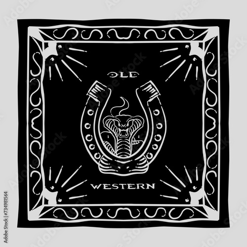 vector of old western snake and horse shoes bandana with vintage pattern