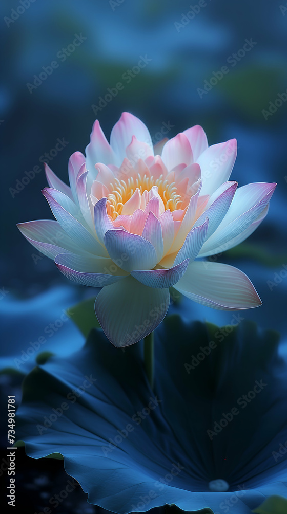 Lotus flower with a soft gradient from white to pink at the tips, set against a dark blue, almost black background