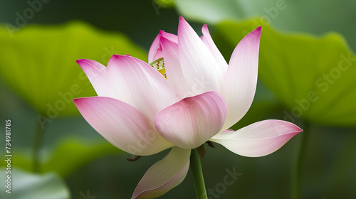Lotus flower with pink and white petals  standing above the green leaves with a soft green background