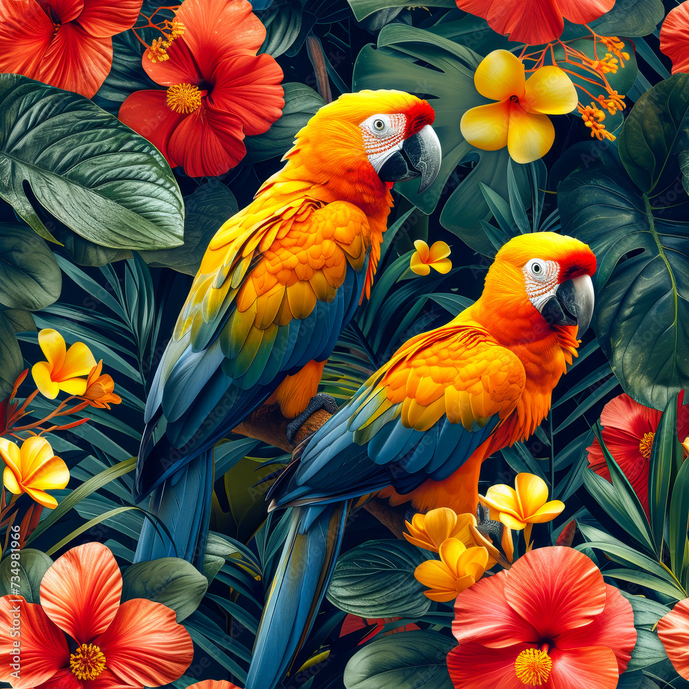 Fototapeta premium Tropical rainforest parrot as background, ai generated