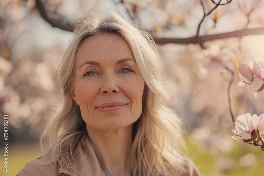 Fototapeta premium Middle aged blonde woman enjoying spring blossoms. Spring portrait