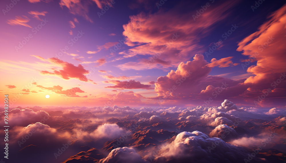 Vibrant sky, nature beauty, tranquil scene, flying high above generated by AI