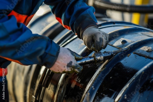 technician sealing an oil barrel with a bung wrench photo