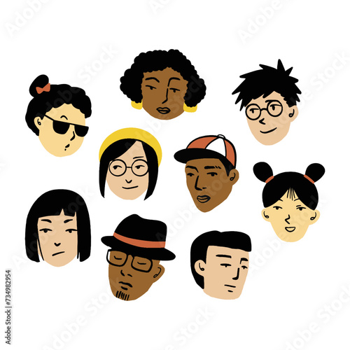 Hand drawn various portraits of men and women