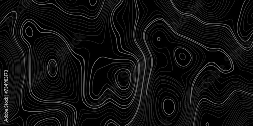 Wave topographic contour map, topographic wavy map white line on black background. Abstract geographic wave grid line map. Geographic mountain relief background.