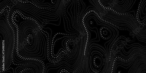 Wave topographic contour map, topographic wavy map white doted line on black background. Abstract geographic wave grid line map. Geographic mountain relief background.