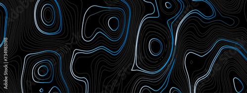 Wave topographic contour map, topographic wavy map white line on black background. Abstract geographic wave grid line map. Geographic mountain relief background.