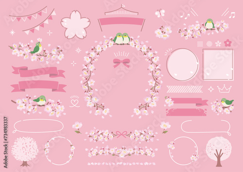 桜のフレームと枝にとまるメジロのイラスト