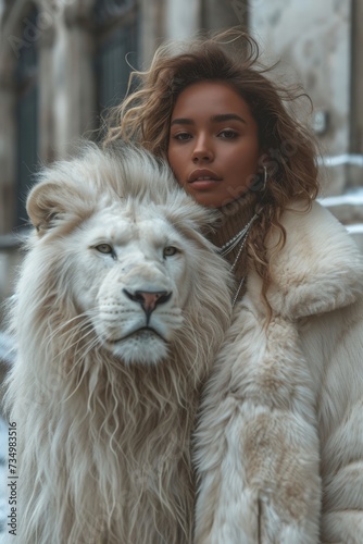 Beautiful fashionable young woman with a beautiful big lion © Александр Лобач