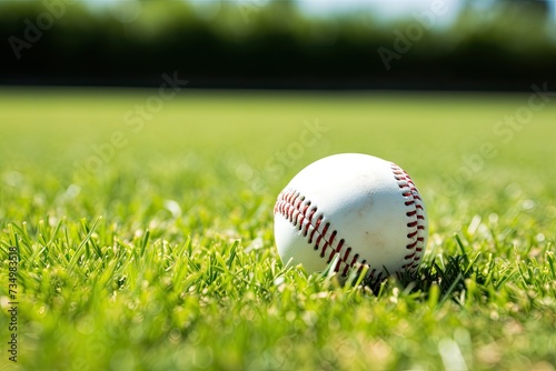 a baseball ball sitting on a lawn in a field