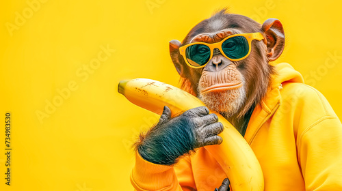 A chimpanzee in sunglasses and a yellow hoodie holds a banana, copy space