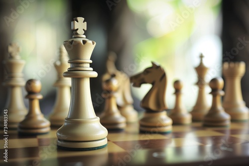 soft focus on white queen, other chess pieces in starting position