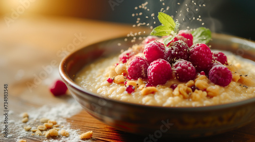 A delicious bowl of oatmeal porridge with nuts and berries.