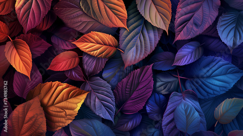 iridescent leaves background colorful pattern wallpaper blue purple yellow vivid bold texture nature shiny sparkling neon glossy design plant illustration orange holographic foil light dark contrast