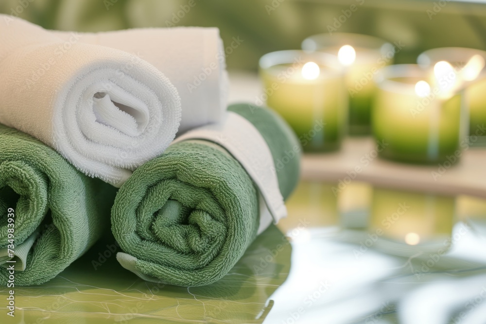 rolled towels next to algaeinfused body wraps, spa ambiance rolled towels next to algaeinfused body wraps, spa ambiance