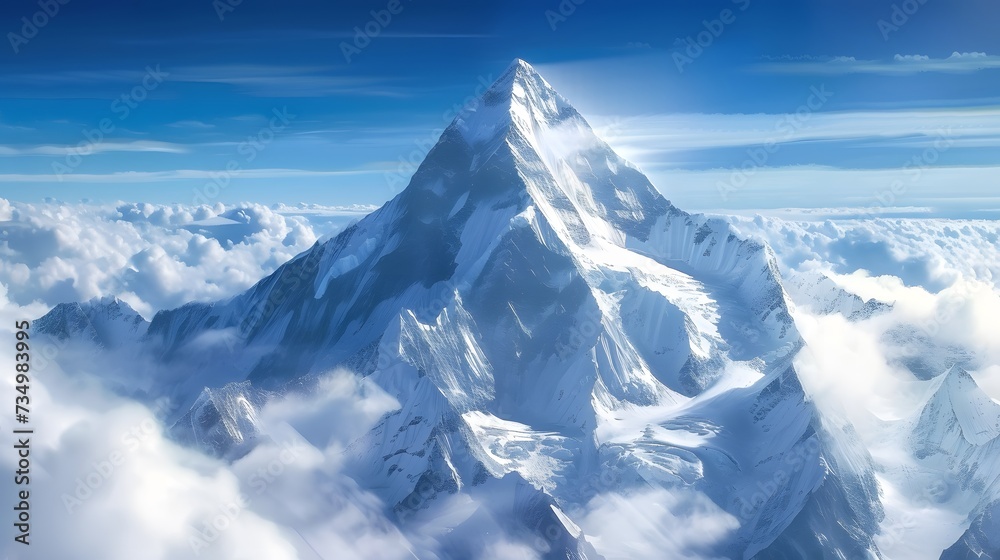 majestic snowy mountain peak towering above the clouds, its pristine white slopes contrasting against the deep blue sky