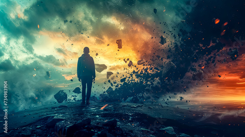 a man is standing on top of a rocky hill in front of a sunset, explosion and natural disaster