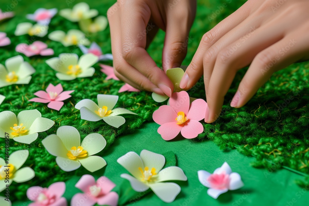 fingers placing paper flowers on a green paper lawn fingers placing paper flowers on a green paper lawn