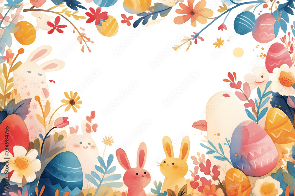 Cute cartoon Easter bunny rabbit frame border on background in watercolor style. Cute cartoon Easter bunny rabbit frame border on background in watercolor style.