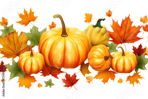 Autumn leaves and pumpkins, Isolated on transparent PNG background, Generative ai
