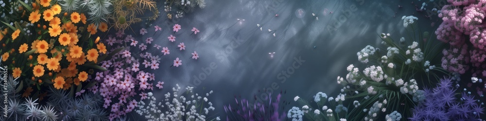 wildflower abundance before misty veil, with glowing and space for text or product, concept background wallpaper