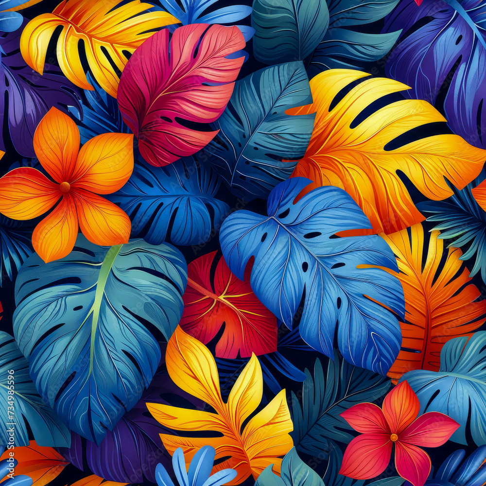 Leaves tropical rainforest, as frameless background, ai generated